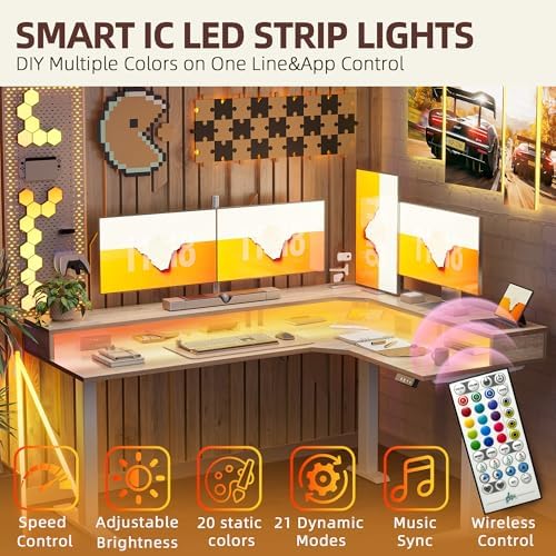 TIQLAB 63'' L-Shaped Standing Desk with LED Light Strip and Power Outlet, Height Adjustable Corner Table with Ergonomic Monitor Stand, Maple - Image 4