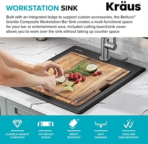 KRAUS Bellucci 18-inch Granite Workstation Drop In Top Mount Single Bowl Kitchen Sink in Metallic Black with Accessories, KGTW12-18MBL - Image 4