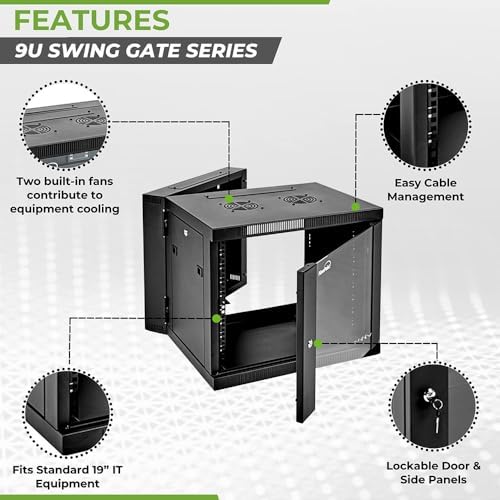 NavePoint 9U Wall Mount Cabinet with Hinged Back - 25.5” Deep, Server Rack Enclosure with Locking Glass Door and Removable Side Panels, Network Cabinet with 2 Fans, Pre-Assembled - Image 2