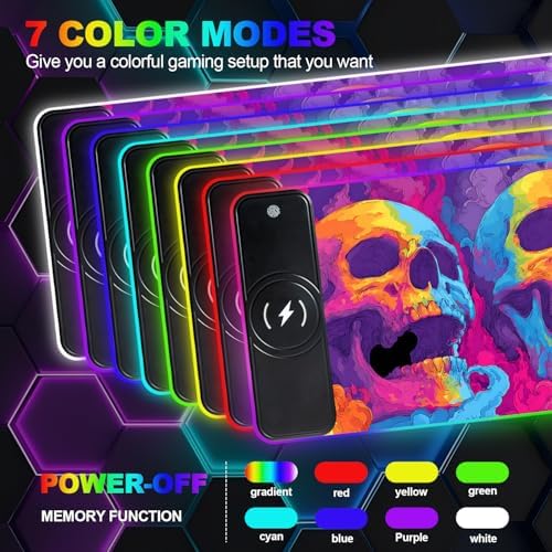 Wireless Charging RGB Gaming Mouse Pad, 31.5 x 11.8 Inch Extended Mouse Mat with Neon Skull Art Design, LED Desk Pad with 7 Lighting Modes, Non-Slip Base for Gaming & Office - Image 3
