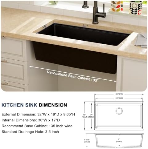Lordear 32 Inch Black Granite Composite Kitchen Sink 32x19 Inch Workstation Quartz Undermount Kitchen Sinks Under Counter Single Bowl - Image 5