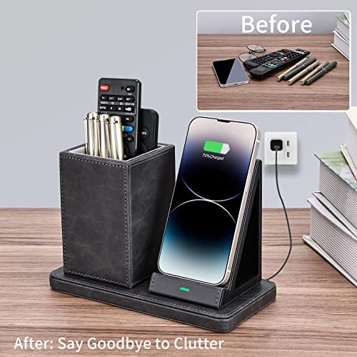 Wireless Charger with Desk Organizer, Wireless Charging Station for iPhone 13/13 Pro Max/13 Pro/12 Series/11/XS Max/XR/X/8Plus/SE 2, Wireless Charging Stand with Leather… (Gray) - Image 6