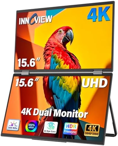 InnoView Portable Dual Monitor 15.6" 3840x2160P 4K 100% sRGB | Owl Eye Vision - Foldable Design with 315° Screen Adjustment, 180° Stand | DP/USB-C/HDMI, Dual Screen Extender for Laptop, Mac, Windows by InnoView