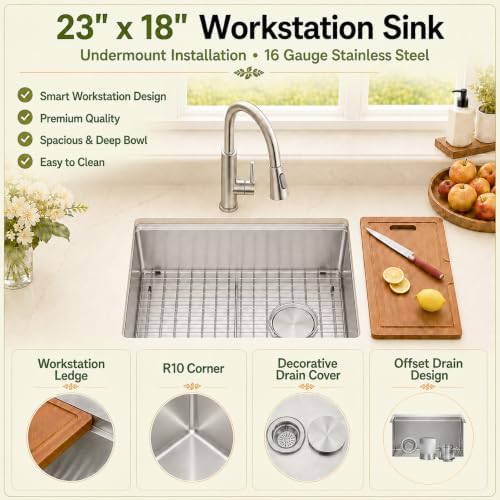 23" X 18" Undermount Kitchen Sink Offset Drain with Workstation - Image 2
