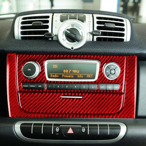 Car Central Console CD Player Multimedia Control Panel Sticker Set Real 3K Red Carbon Fiber Decoration Interior Accessories Trim Compatible with Benz Smart Fortwo 2011 2012 2013 2014 2015 - Image 4