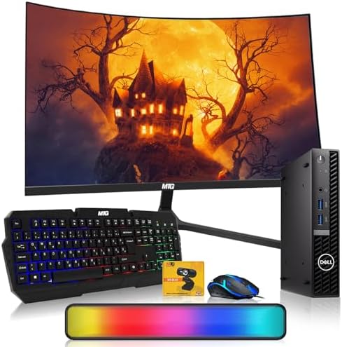Dell Optiplex Tiny Mini Desktop PC, Intel Core i5, 16GB RAM, 512GB SSD with 24 inch Curved Monitor, AI Enabled RGB Keyboard Mouse, RGB Soundbar and Webcam Windows 11 Pro (Renewed) by Amazon+Renewed