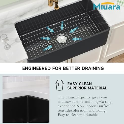 Miuara Farmhouse Sink 33 x 18 Inch Black Fireclay Apron Front Kitchen Sink - Image 6
