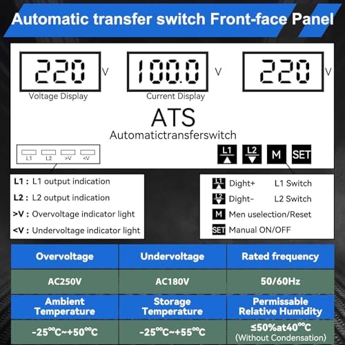 100A AC220V Automatic Transfer Switch with LED Display, 50/60Hz 2P ATS Auto Dual Power Outdoor Changeover Switch for Home Generator, L1 Priority Din Rail Mount CE Certified Selector Transfer Switches - Image 3