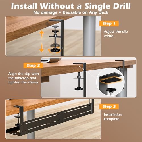 Under Desk Cable Management Tray - 18-29in Retractable Iron Cord Organizer, No-Drill Installation with Anti-Slip Pads, Desk Cable Tray for Office, Gaming,Standing Desks(Black) - Image 5