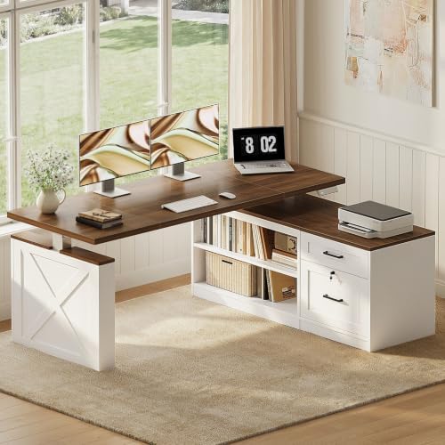 OffiGo 63 Inch Farmhouse L Shaped Electric Standing Desk, Walnut+White by OfficeGo-ForHomeOfficeWork