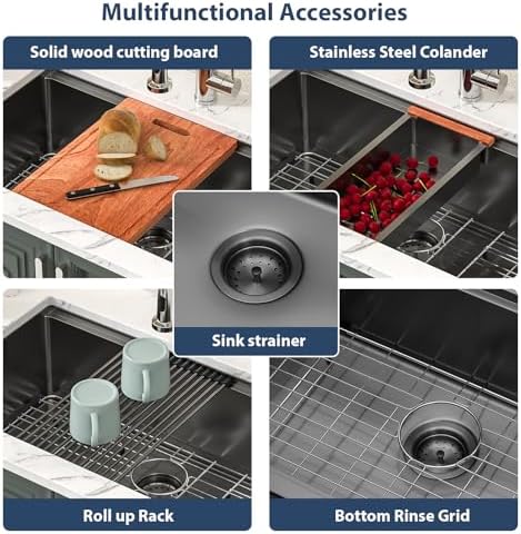 Lordear 32 Undermount Kitchen Sink 32X19 Inch Sinks Ledge Workstation Gunmetal Black 16 Gauge Stainless Steel Single Bowl Under Counter Kitchen Sink Basin with Built- in Accessories - Image 5