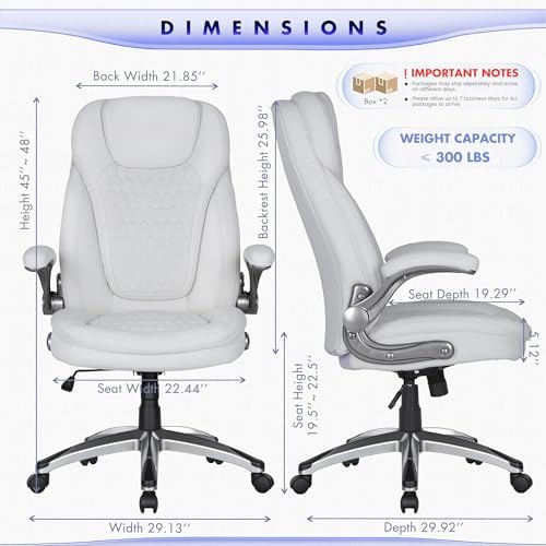 COLAMY Office Chair Ergonomic Desk Chair Set of 2-Executive Office Chair with Upgraded Caters, High Back Computer Chair Flip-up Arms, Swivel Leather Chair for Work/Study, 300lbs, White - Image 3