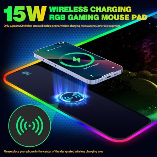 AIMSA Wireless Charging RGB Gaming Mouse Pad 15W, Extended LED Desk Mat Protector 800x300x4MM, 14 Light Modes Extra Large Mousepad Non-Slip Rubber Base Desk Mat, Nebula Universe - Image 3