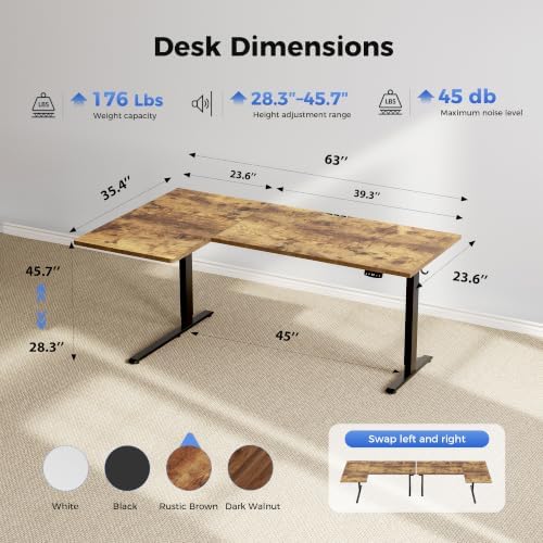 Agilestic 63 * 35 Inch Reversible L Shaped Electric Standing Desk, Brown - Image 3