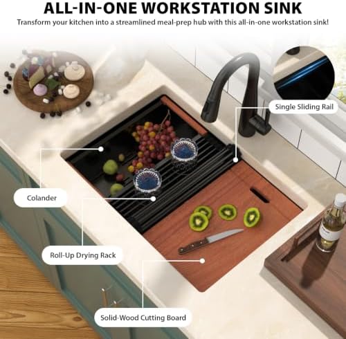 Mocoloo 27 Inch Matte Black Undermount Kitchen Sink Workstation - Image 6