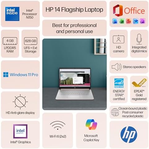 HP 14" Laptop Computer for 2026 Student Business Productivity, MS Office & Win 11 Pro, Copilot AI, Intel 4-Core CPU, 4GB DDR5 RAM, 628GB Storage (128GB UFS+500GB Ext), Wi-Fi 6, HubxcelAddon, Rose Gold - Image 3