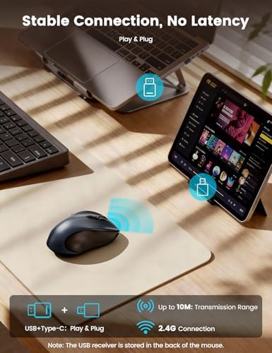 WisFox 2.4G Wireless Mouse for Laptop, Ergonomic Computer Mouse with USB Receiver and Type-C Adapter, 3 Adjustable Levels, 6 Button Cordless Mice for Windows Mac PC Notebook (Grey and Black) - Image 3