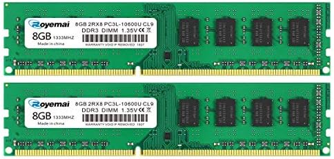 16GB Kit (2x8GB) DDR3L/DDR3 10600 1333MHz Udimm, Royemai 8GB PC3/PC3L-10600U Dimm Memory 2Rx8 1.35V/1.5V CL9 Desktop RAM by DUOMEIQI
