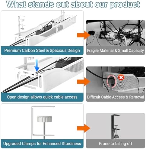 No Drill Under Desk Cable Management Tray, SONATURE 25.3" Cord Organizer for Table, Clamp Mount Desk Cable Management, Premium Carbon Steel Cable Organizer for Office, Home (White) - Image 2