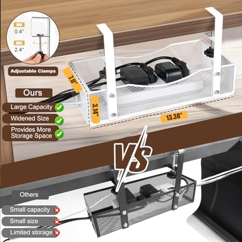 Extra Wide Under Desk Cable Management - 7inch No Drill Installation Cable Management Tray, Clamp/Screw Mount Desk Cable Management, Cable Management Tray for Office, Home((White, XL) - Image 2