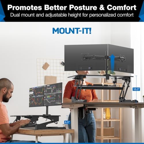 Mount-It! Standing Desk Converter Dual Monitor, 2 Screen Mounts Included, Height Adjustable Desk Riser in Black, Stand Up Desk Convertor Large 36" Wide, Sit Stand Convertor with Manual Lift Gas Spring - Image 2