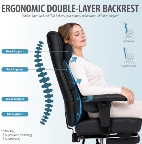 GTPLAYER Big and Tall Office Chair 400lbs Heavy Duty Wide Ergonomic Gaming Chair with Footrest, High Back Computer Chairs with Adjustable Armrests, Executive Desk Chairs with Lumbar Support, Black - Image 6