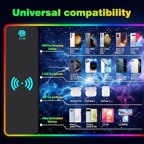AIMSA RGB Gaming Mouse Pad with Wireless Charging, Large Keyboard Mouse Pad with 14 LED Light Modes, Non-Slip Rubber Base Waterproof Desk Pad for Home Office Decor, Blue Purple Cosmic Nebula - Image 5