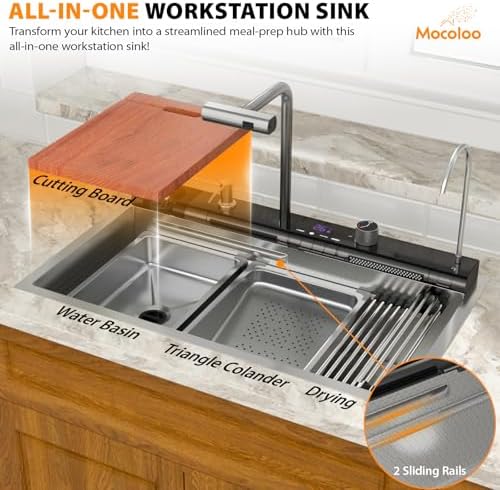 Mocoloo 30 Inch Honeycomb Waterfall Kitchen Sink Drop in, 30x19 Inch Stainless Steel Workstation Sink 16 Gauge Topmount Single Bowl LED Display Sink with Complete Kit - Image 6