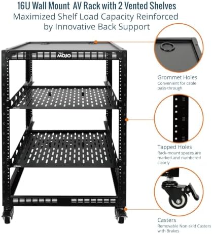 TECMOJO 16U Open Frame Network Rack for IT &AV Gear, AV Rack 4-Post with casters, Mobile 16U Rack with 2 PCS 1U Server Rack Shelf & Mounting Hardware, for 19" Network,Audio and Video Device - Image 4