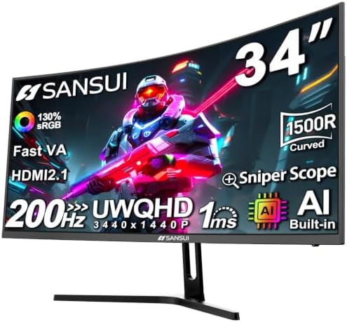 SANSUI 34-Inch Curved Gaming Monitor UWQHD 3440 x 1440P 200Hz Ultrawide by SANSUI