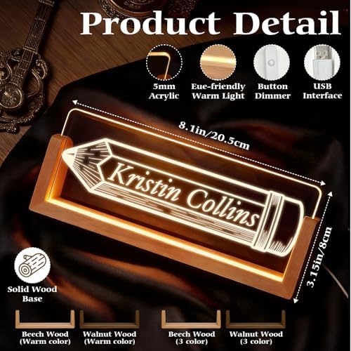 Personalized Light Up Acrylic Desk Name Plate - Custom Name Plate for Desk with Walnut Wood Base - Appreciation Office Gifts for Employees, Teacher, Social Worker (Pencil) - Image 3