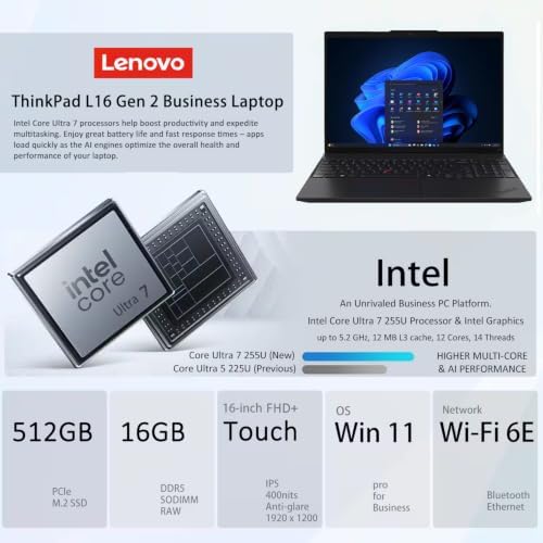 Lenovo ThinkPad L16 Business AI PC Laptop (16" FHD+ Touchscreen, Intel Ultra 7 255U (> AMD Ryzen AI 7 PRO), 16GB DDR5, 512GB SSD), Alternative T16 E16, Numeric Keypad, 2x Thunderbolt 4, Win 11 Pro - Image 2