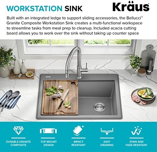 KRAUS Bellucci 28-inch Granite Workstation Drop In Top Mount Single Bowl Kitchen Sink in Metallic Grey with Accessories, KGTW12-28MGR - Image 3
