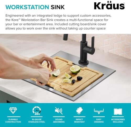 KRAUS Kore 15-Inch Drop In/Top Mount Workstation 16 Gauge Single Bowl Stainless Steel Bar Kitchen Sinks with Accessories - Image 4