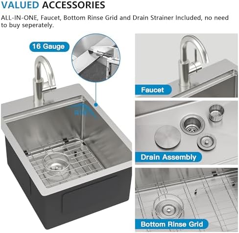 15"x20" Bar Prep Sink Drop In Workstation with Faucet Combo - Image 7