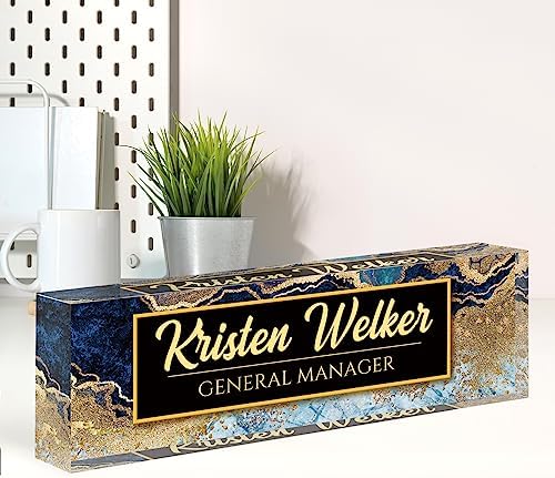 Name Plate for Desk, Desk Name Plate Personalized, Office Decor for Women Men, Acrylic Desktop Accessories, Office Appreciation Gifts for Boss Social Workers Nurse Teacher Employee (Blue/Gold) by Spricoz