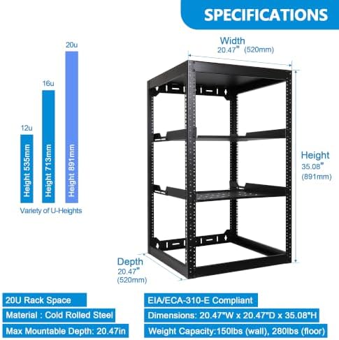 RackPath 20U Open Frame Network Rack with 2X 14in Vented 1U Shelves Rear Support, Wall Mount/Floor Standing Network Cabinet, Heavy Duty 150 lbs Capacity for IT & AV Gear, Audio and Video Device - Image 2