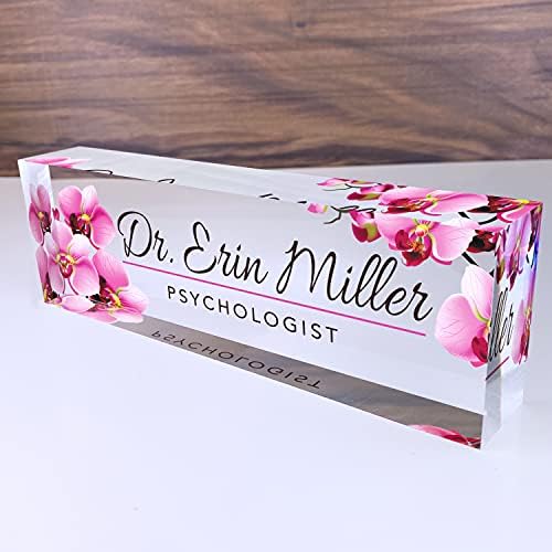 Artblox Custom Desk Name Plate - Orchids Design on Clear Acrylic Glass - Personalized with Your Name and Credentials for Office by Artblox