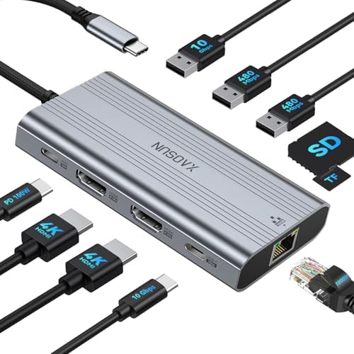 XAOSUN USB C Docking Station 4K@60Hz Dual Monitor, 10 in 1 USB C Hub, Grey by XAOSUN