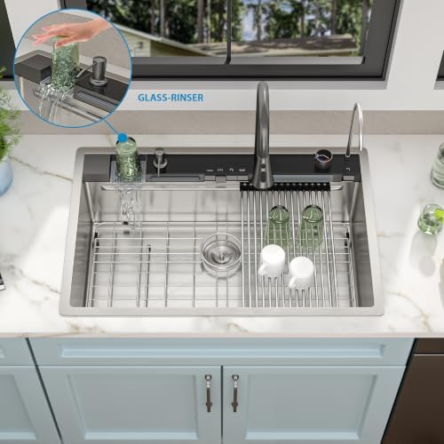33"x22" Drop In Waterfall Kitchen Sink - 16 Gauge 304 Stainless Steel Ledge Workstation Top Mount Single Bowl Smart Waterfall Sink Basin with Faucet Combo & Glass Rinser - Image 4