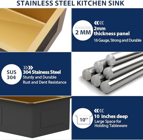 Lordear Luxury 45 Inch Gold Undermount Kitchen Sink Large Ledge Workstation T304 16 Gauge Stainless Steel Single Bowl Under Counter Gold Kitchen Sink with Built-in Accessories 45''x19''x10'' - Image 5