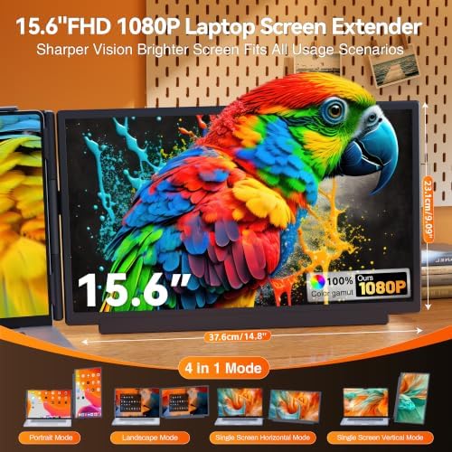 Laptop Screen Extender, 15.6" FHD IPS Portable Laptop Monitor, Detachable & Clip-on 4 Modes Dual Screen for 14-17" Laptops, One Cable Plug & Play Compatible with Wins/Mac/Android/Chrome - Image 3