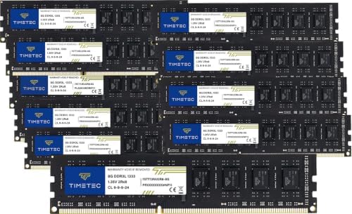 Timetec 80GB KIT(10x8GB) DDR3 / DDR3L 1333MHz PC3-10600 Non-ECC Unbuffered 1.5V / 1.35V CL9 2Rx8 Dual Rank 240 Pin UDIMM PC Desktop Computer Memory RAM Module Upgrade (80GB KIT(10x8GB)) by Timetec