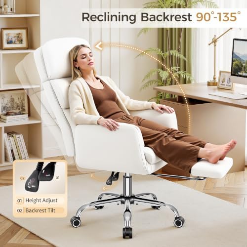 Big and Tall Office Chair 500LBS, Ergonomic High Back Leather Executive Chair, Reclining Swivel with Adjustable Armrests Lumbar Support Footrest, Cross Legged, White - Image 5