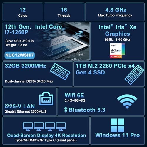 ASUS NUC 12Pro, Intel NUC 12 Pro NUC12WSHi7 Mini PC, Intel Core i7-1260P (12C/16T, Up to 4.8GHz), 32GB DDR4 RAM, 1TB PCIe 4.0 NVMe SSD, Iris Xe Graphics, WiFi 6E, BT 5.3, 8K Support, Win 11 Pro - Image 3
