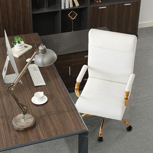 Office Desk Chair,Modern Leather Conference Room Chairs,High Back Home ofiice Chair,Adjustable Height Swivel Executive Computer Chair with Armrest and Padded Seat,White/Gold - Image 4