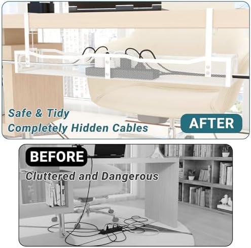 Cable Management Under Desk, 25.3'' No Drill Desk Cable Management Tray with Clamp, Metal Cord Organizer for Standing Desk, Computer Wire Management for Home Office & Gaming Setup, White - Image 3