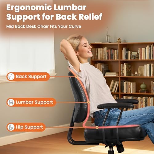 Leather Home Office Chair, Mid Back Ergonomic Desk Chair with Lumbar Support, Mid Century Modern Deep Seat Swivel Rocking Computer Chair, Black - Image 4