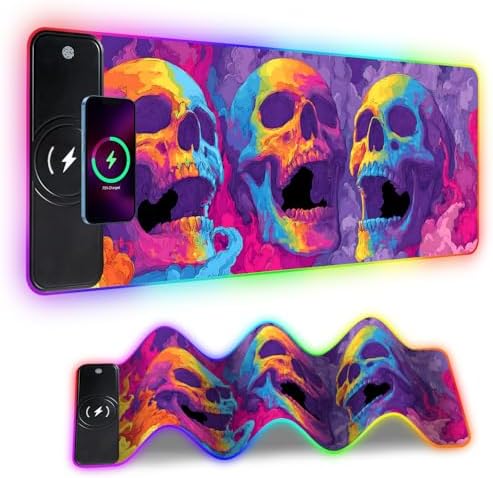 Wireless Charging RGB Gaming Mouse Pad, 31.5 x 11.8 Inch Extended Mouse Mat with Neon Skull Art Design, LED Desk Pad with 7 Lighting Modes, Non-Slip Base for Gaming & Office by THISFIND