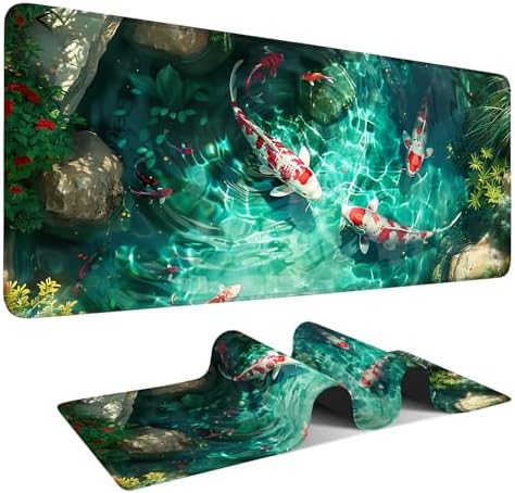 Large Mouse Pad Koi Fish Desk Mat, Extended Gaming Mouse Pad with Non-Slip Rubber Base, Thick 3mm Smooth Surface Keyboard Mat for Office & Home,35.43 x 15.75 in by THISFIND
